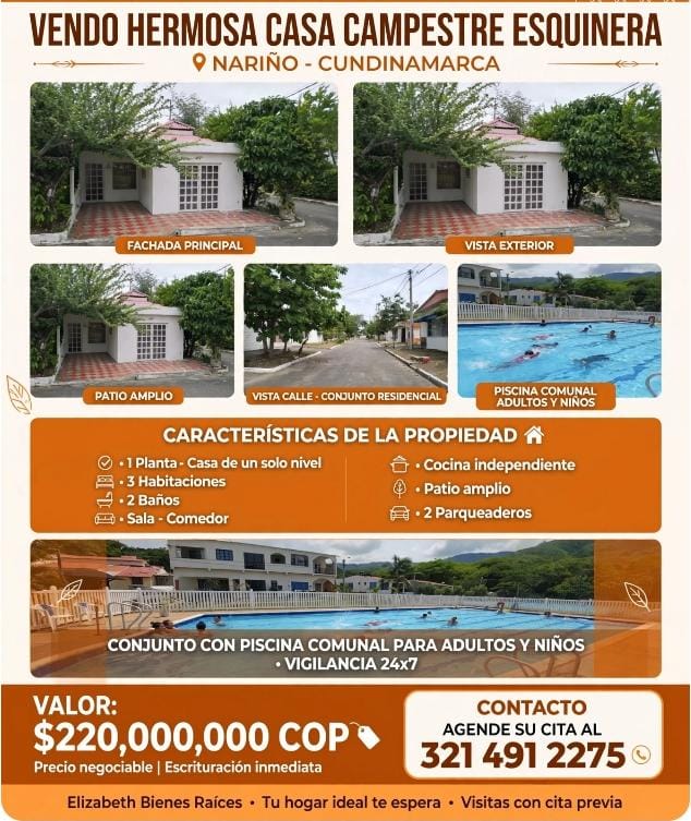 VENDO HERMOSA CASA CAMPESTRE  EN NARIÑO CUNDINAMARCA 